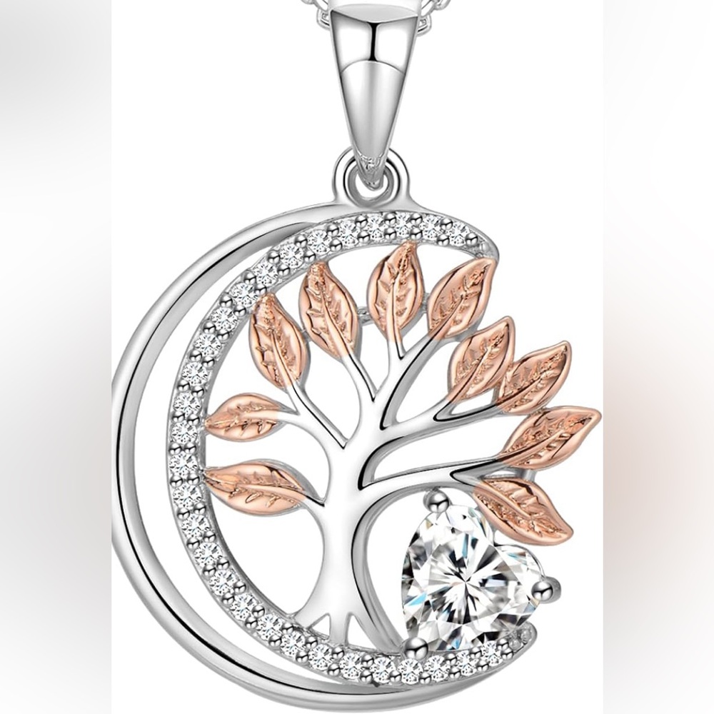 Praelinos Tree of Life Necklace Jewelry White/Rose Gold Plated Silver Tone 5A CZ